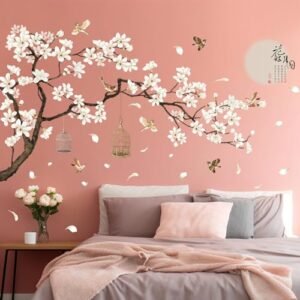 Amaonm Chinese Style White Flowers Black Tree and Flying Bir…
